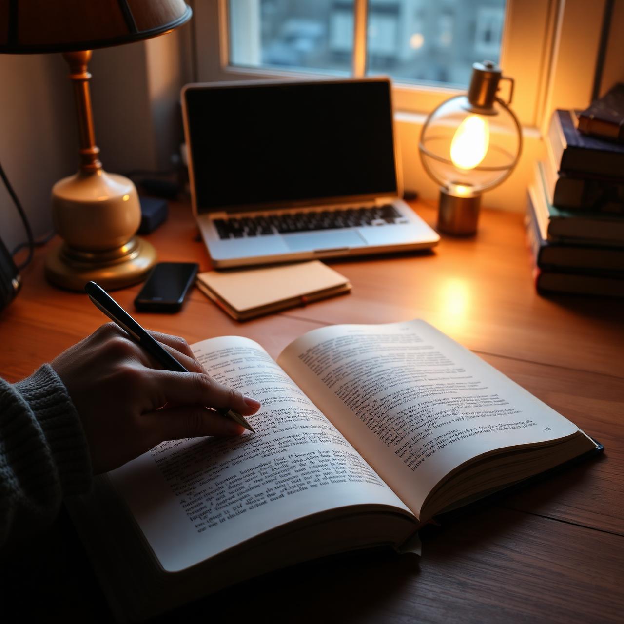 Handwritten English novel pages on a work desk